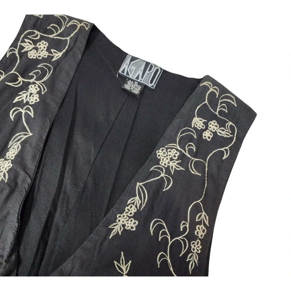 Vintage‎ Agapo Black Embroidered Floral Sun Boho Vest Scalloped Medium India